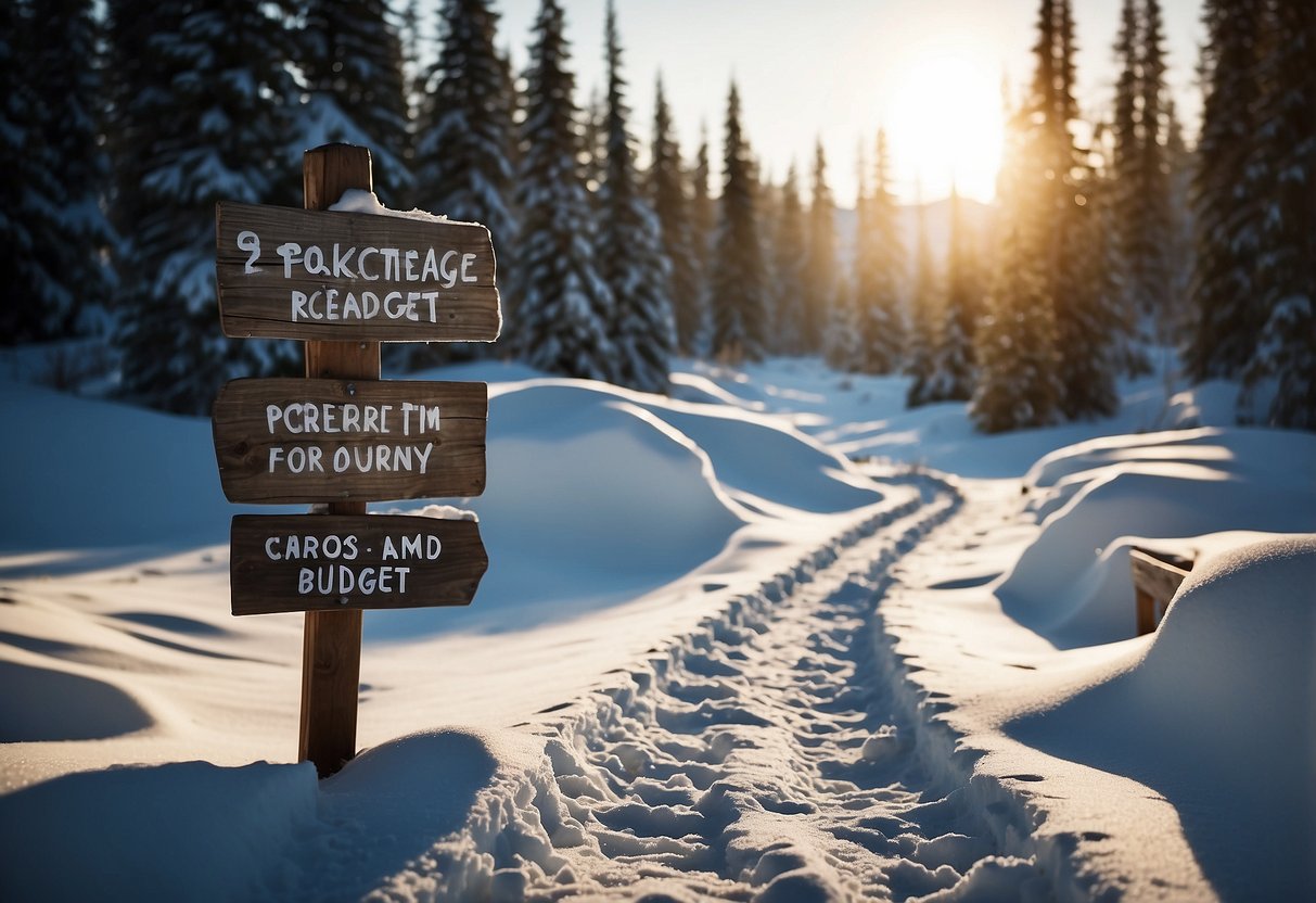 A snowy landscape with a winding trail, skis leaning against a tree, a cozy cabin in the distance, and a sign offering "Package Deals: 7 Tips for Cross Country Skiing on a Budget."