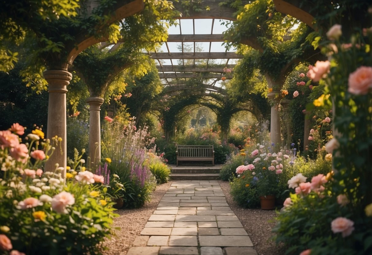 A serene English garden with 20 pergolas of various designs, surrounded by lush greenery and colorful flowers