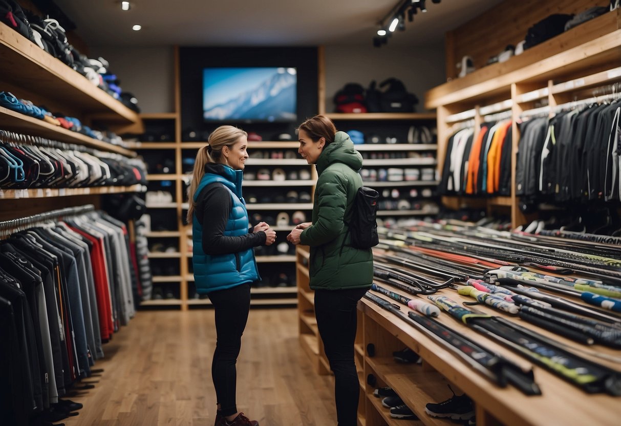 A person standing in a sports equipment store, surrounded by shelves of cross country skiing gear. They are carefully comparing prices and features, trying to find the best equipment for their budget