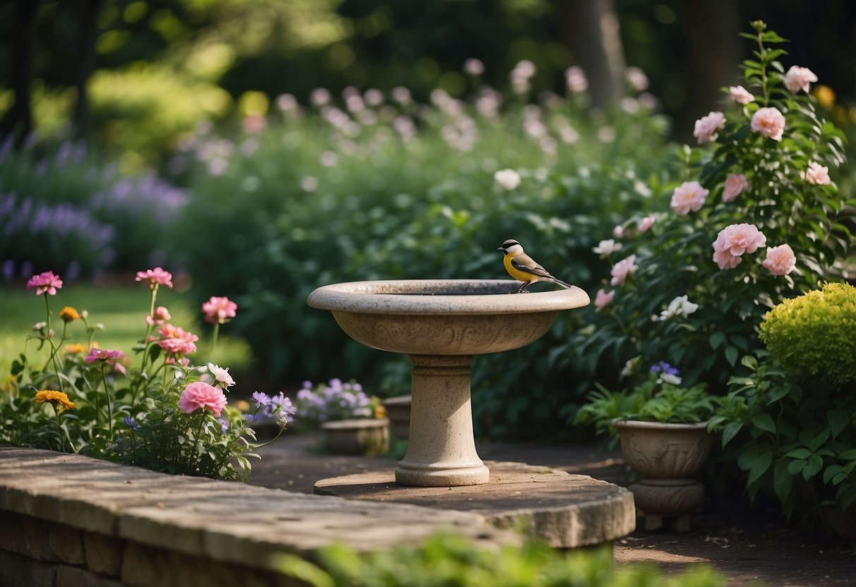 A variety of bird baths scattered throughout a lush English garden, surrounded by blooming flowers and shaded by tall, leafy trees