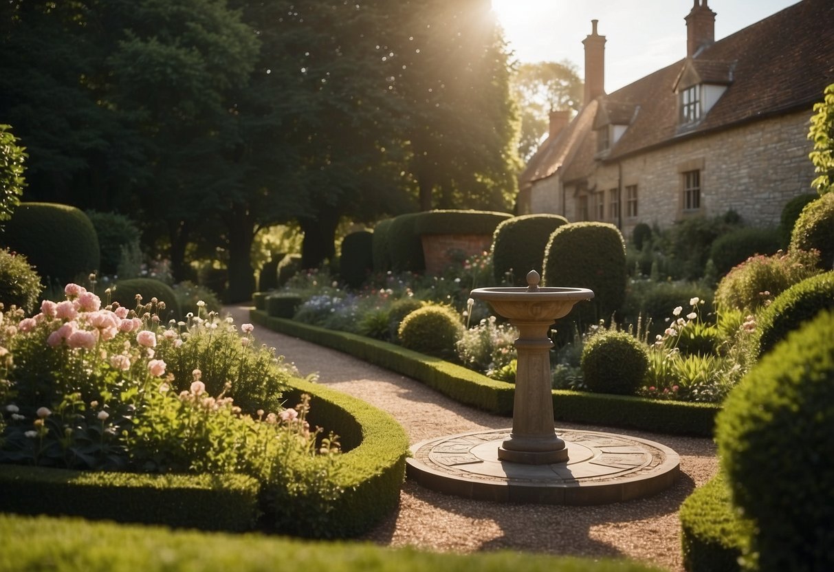 A serene English garden with 20 sundials scattered among blooming flowers, manicured hedges, and winding pathways. The sun casts shadows on the sundials, creating a peaceful and timeless atmosphere