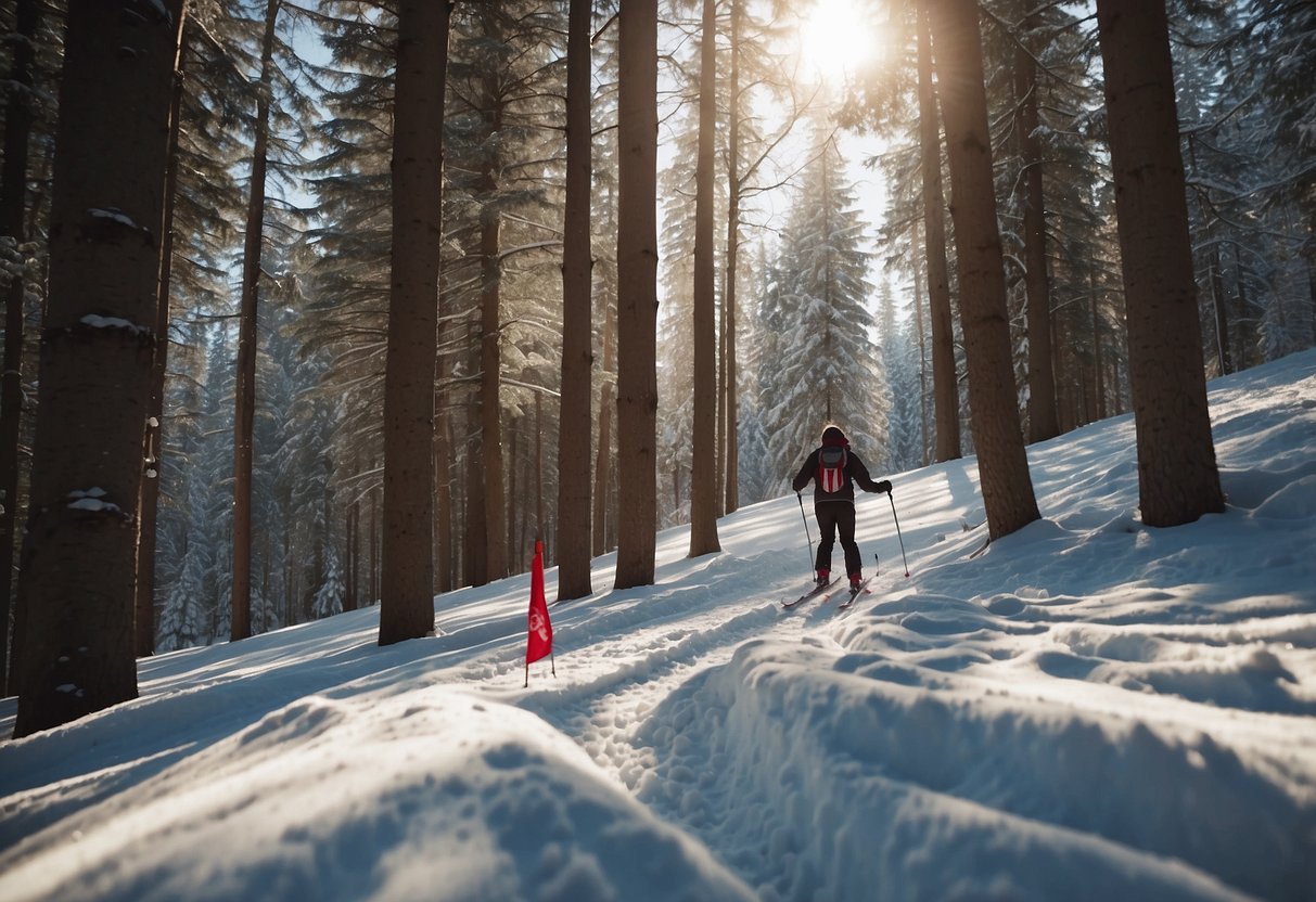 A skier glides through a snowy forest, following a trail marked with red and white flags. The sun shines through the trees, casting long shadows on the pristine snow