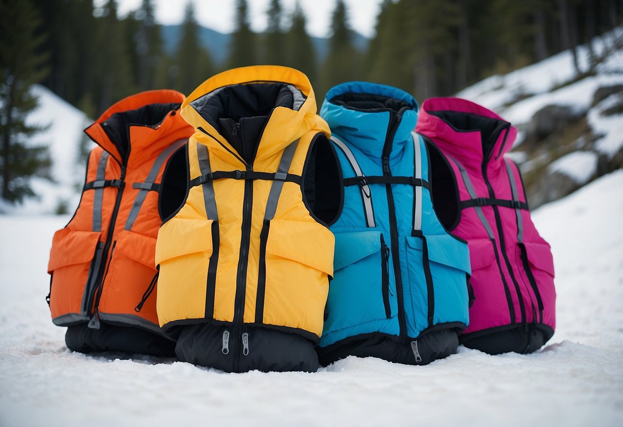 Five colorful lightweight vests lay on a snowy cross country ski trail, surrounded by pine trees and mountains