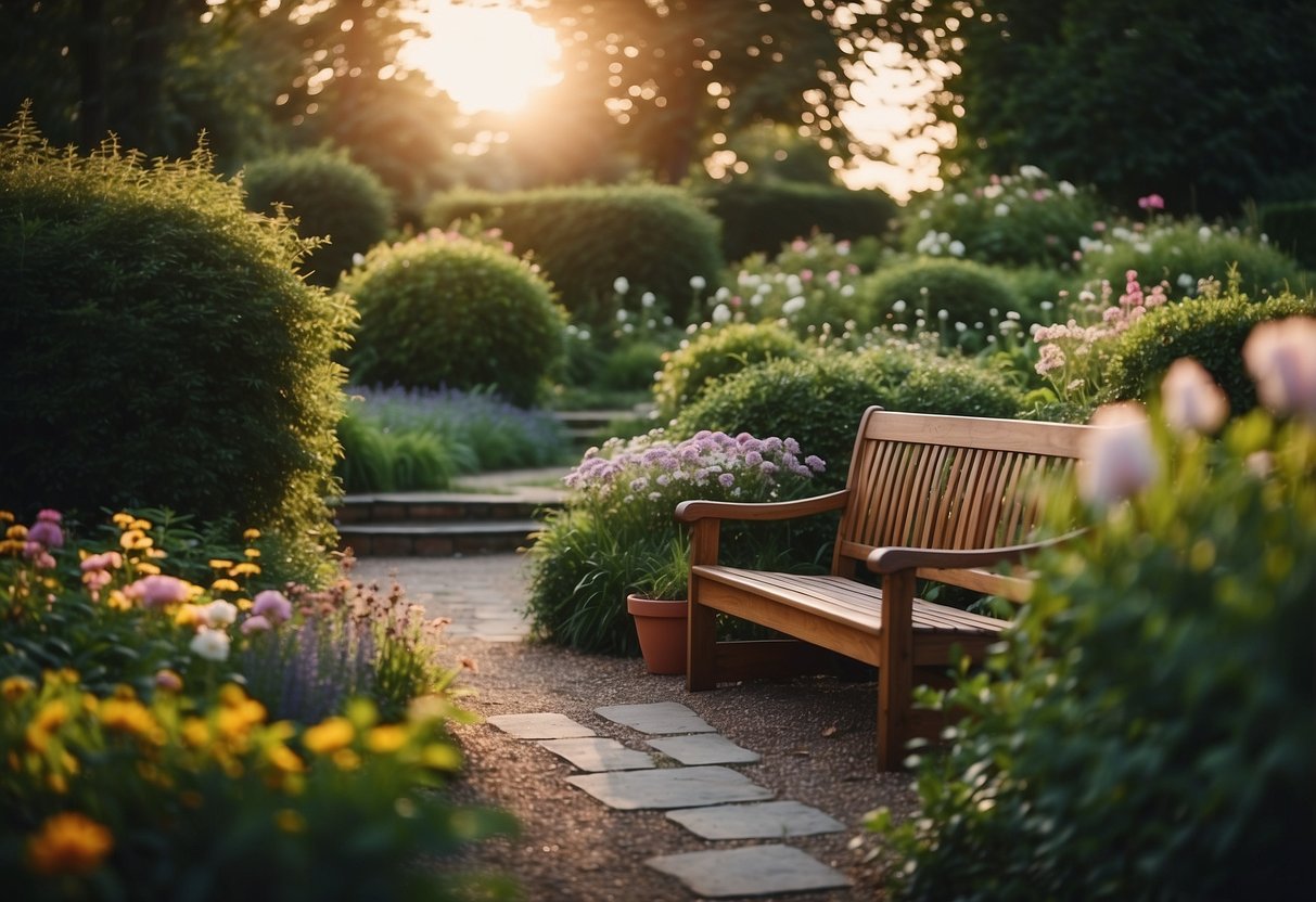 A lush English garden at dusk with soft, warm lighting illuminating the pathway, flower beds, and a cozy seating area