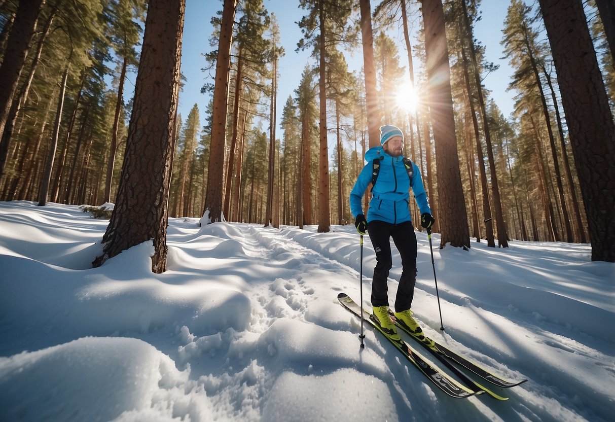 A cross country skier wearing a Salomon Speed Vest glides through a snowy forest, surrounded by tall pine trees and a clear blue sky