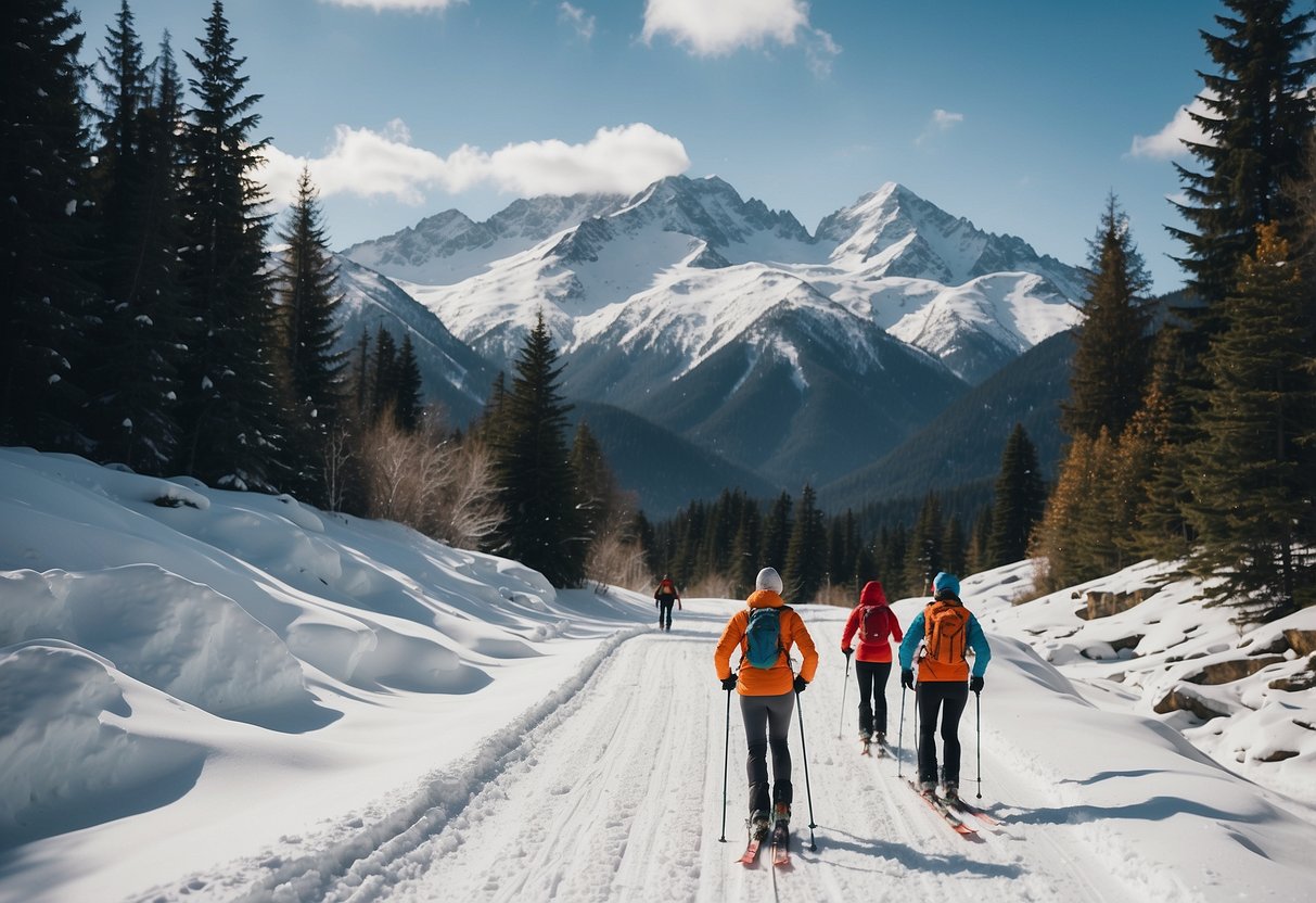 A snowy forest trail with skiers wearing lightweight vests, showcasing features like breathability and insulation. Snow-capped mountains in the background