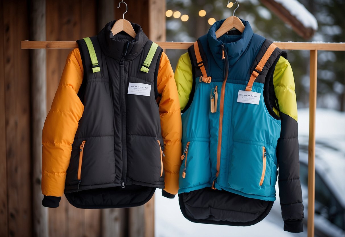 A ski vest hanging neatly on a hook, with a small brush and gentle detergent nearby. A pair of lightweight cross-country ski vests laid out for inspection