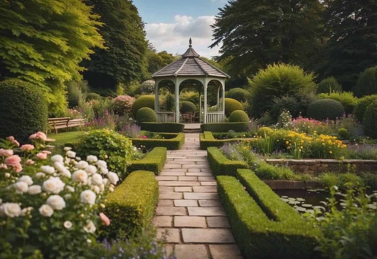 A serene English garden with a winding pathway, vibrant flower beds, neatly trimmed hedges, a charming gazebo, and a peaceful pond