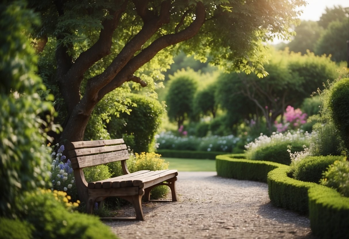 Lush green garden with neatly trimmed hedges, colorful flower beds, and a quaint stone pathway. A rustic wooden bench sits under a blooming tree, surrounded by fragrant herbs and climbing vines