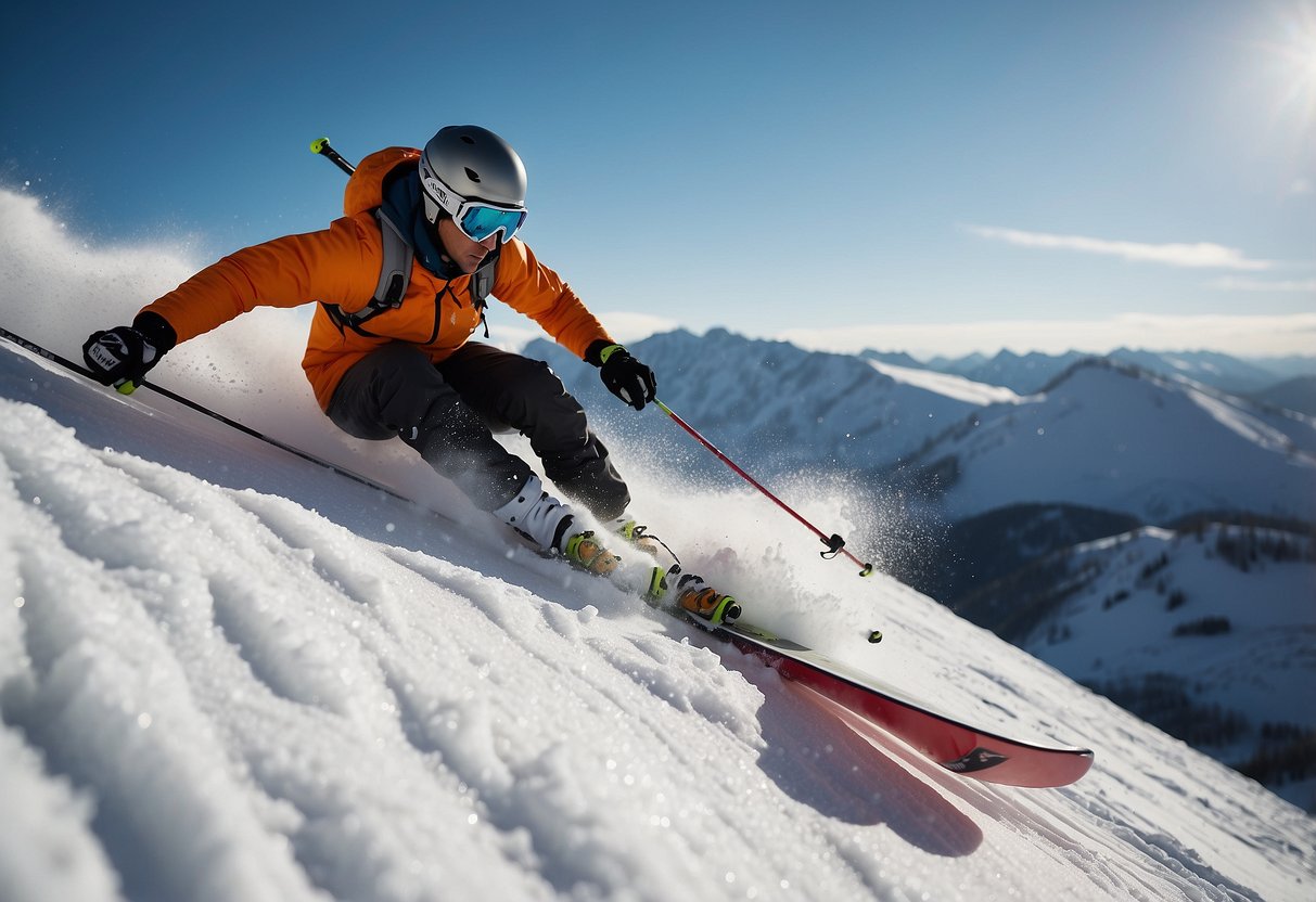 Skier falls over, skis crossed, on steep hill. Pole stuck in snow. Wrong technique evident