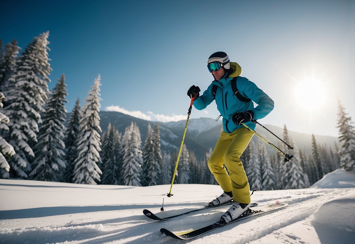 A skier struggles with too-long skis, causing instability and awkward movements on a snowy trail