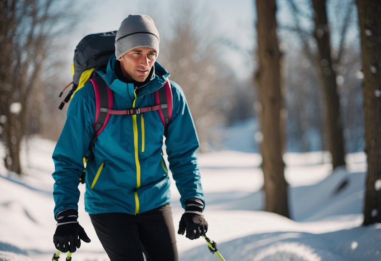 A skier struggles on a trail, snow-covered trees in the background. They hold an empty water bottle, showing signs of dehydration