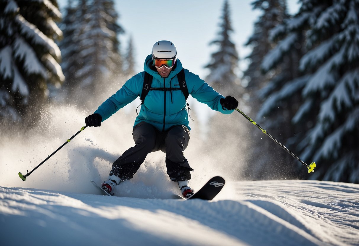 Skier rushing, losing balance, arms flailing. Ski tips crossing, falling. Trees in background, snow-covered trail