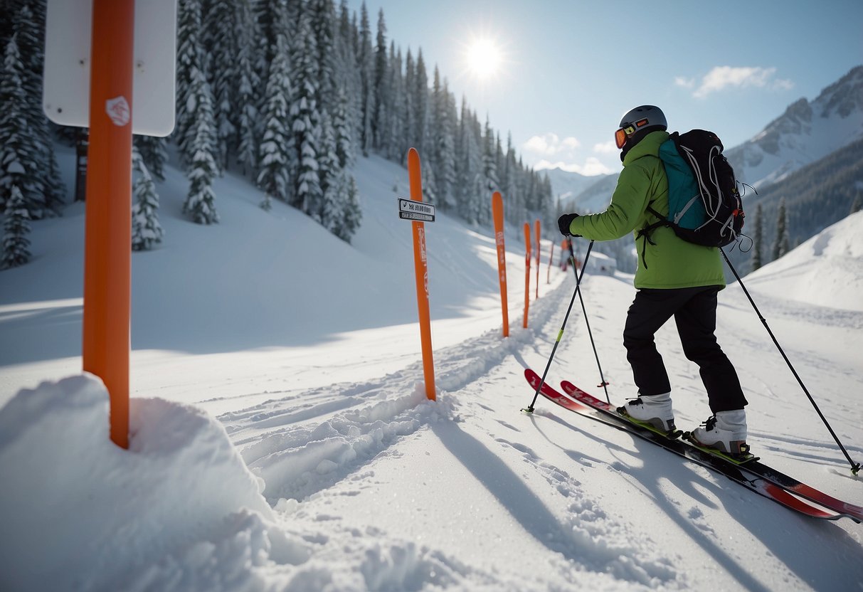 Skier overlooks broken binding, tangled poles. Skis on wrong feet, no helmet. Trail sign points wrong way