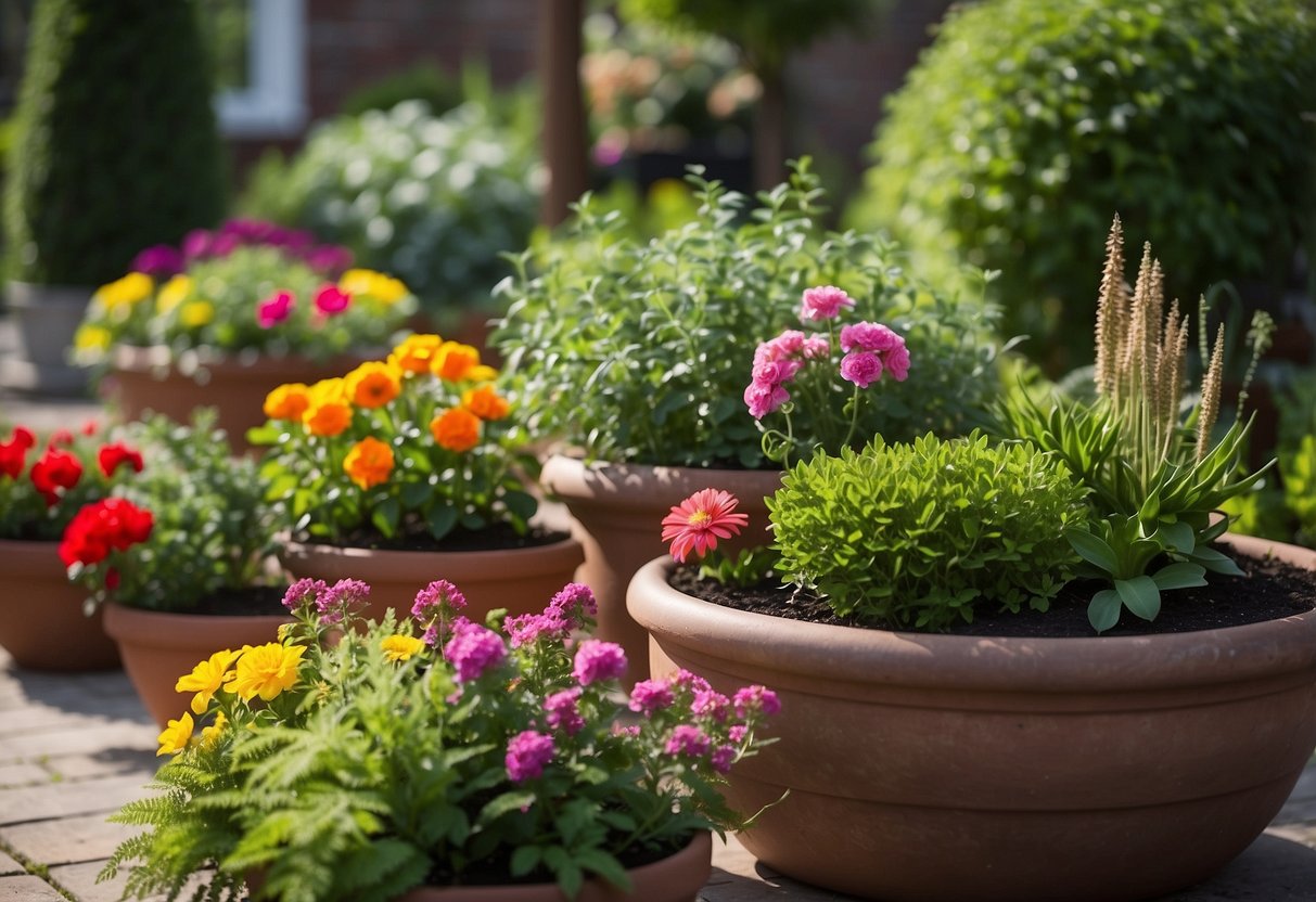 A variety of garden planters arranged in a lush outdoor setting, showcasing different styles, materials, and sizes. Some are filled with vibrant flowers, while others contain herbs and vegetables. The scene exudes a sense of creativity and natural beauty