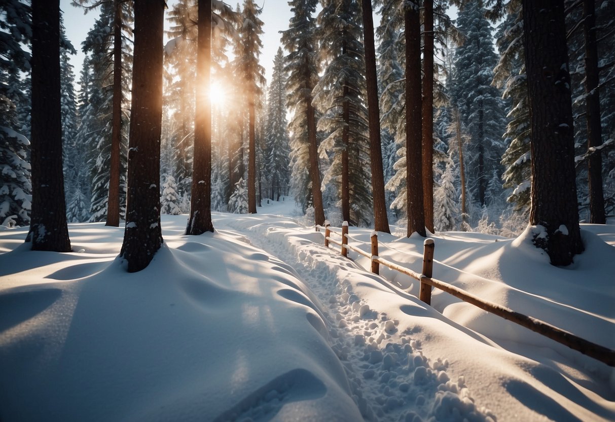 A snowy forest with a winding trail, skiers gliding through the trees. Sunlight filters through the branches, casting long shadows on the pristine snow. Trees are laden with snow, and a cozy cabin sits nestled in the distance