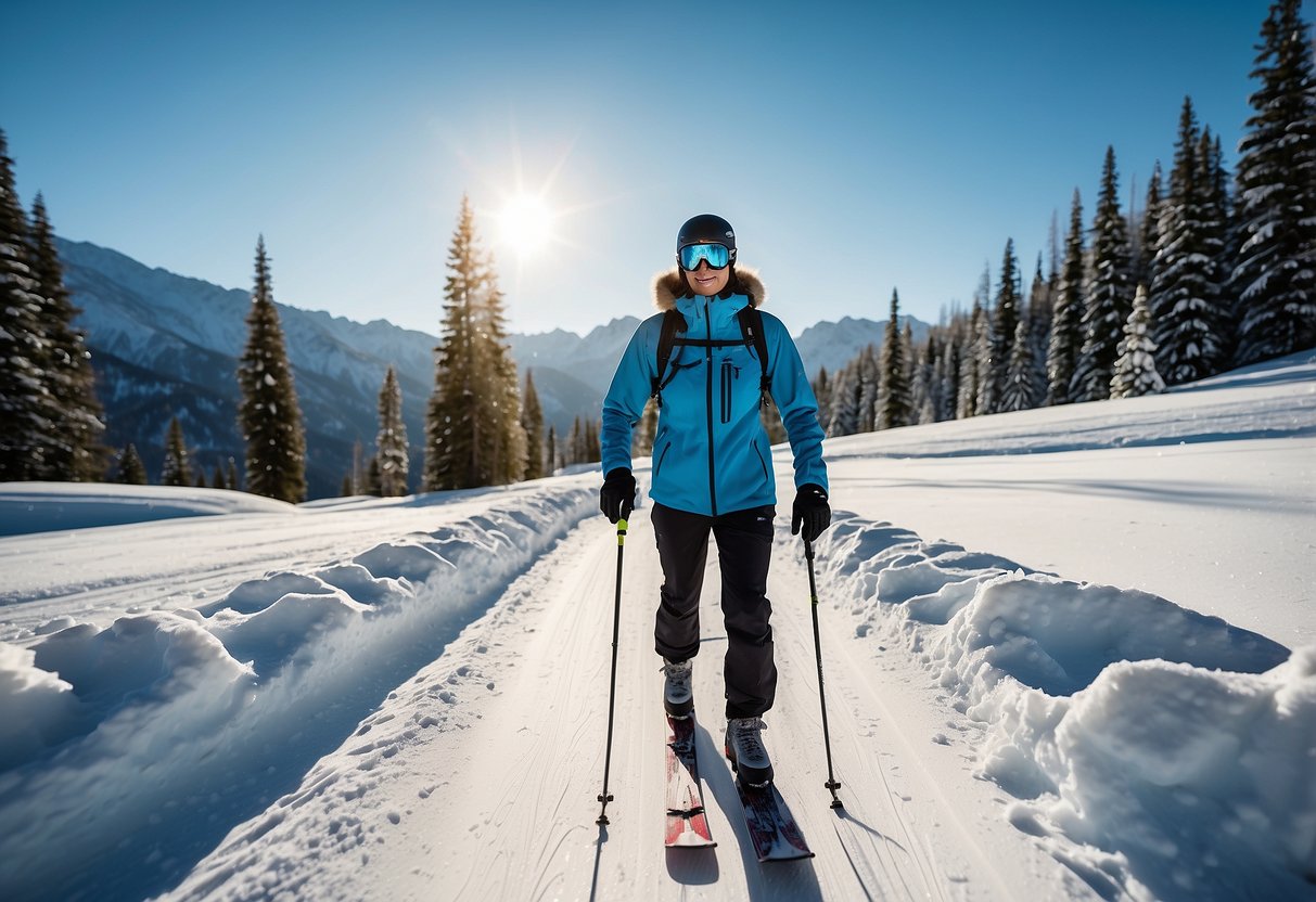 A person wearing waterproof ski pants, standing on a snowy cross country skiing trail. Trees and mountains in the background, with a clear blue sky overhead