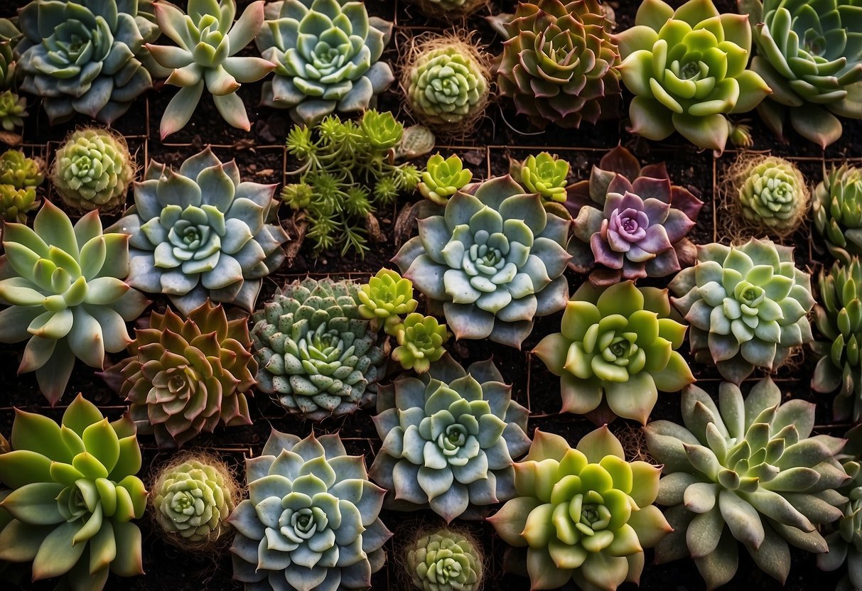 A vertical garden frame with various succulent plants arranged in a grid pattern, creating a vibrant and textured display