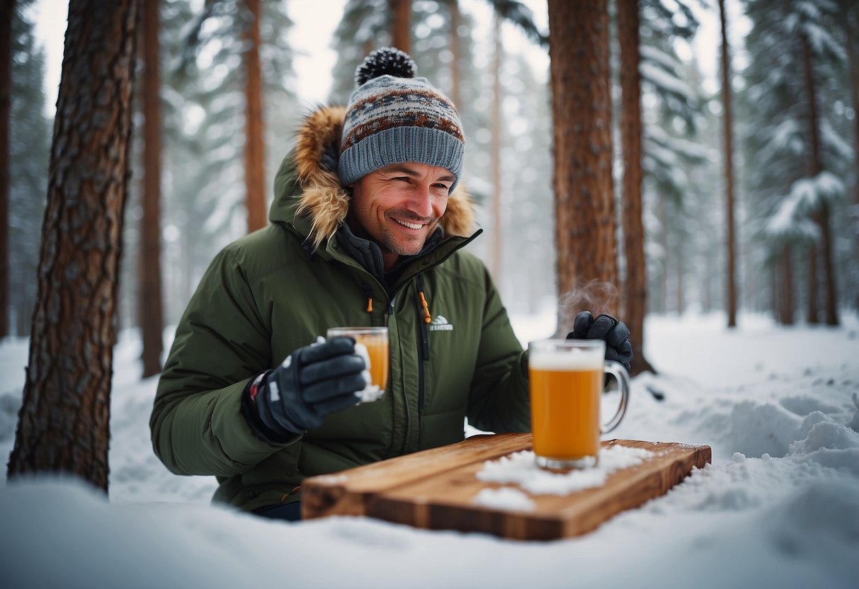 A skier sips a steaming beverage in a snowy forest, surrounded by pine trees and snow-covered trails. The warm drink provides comfort and energy against the cold