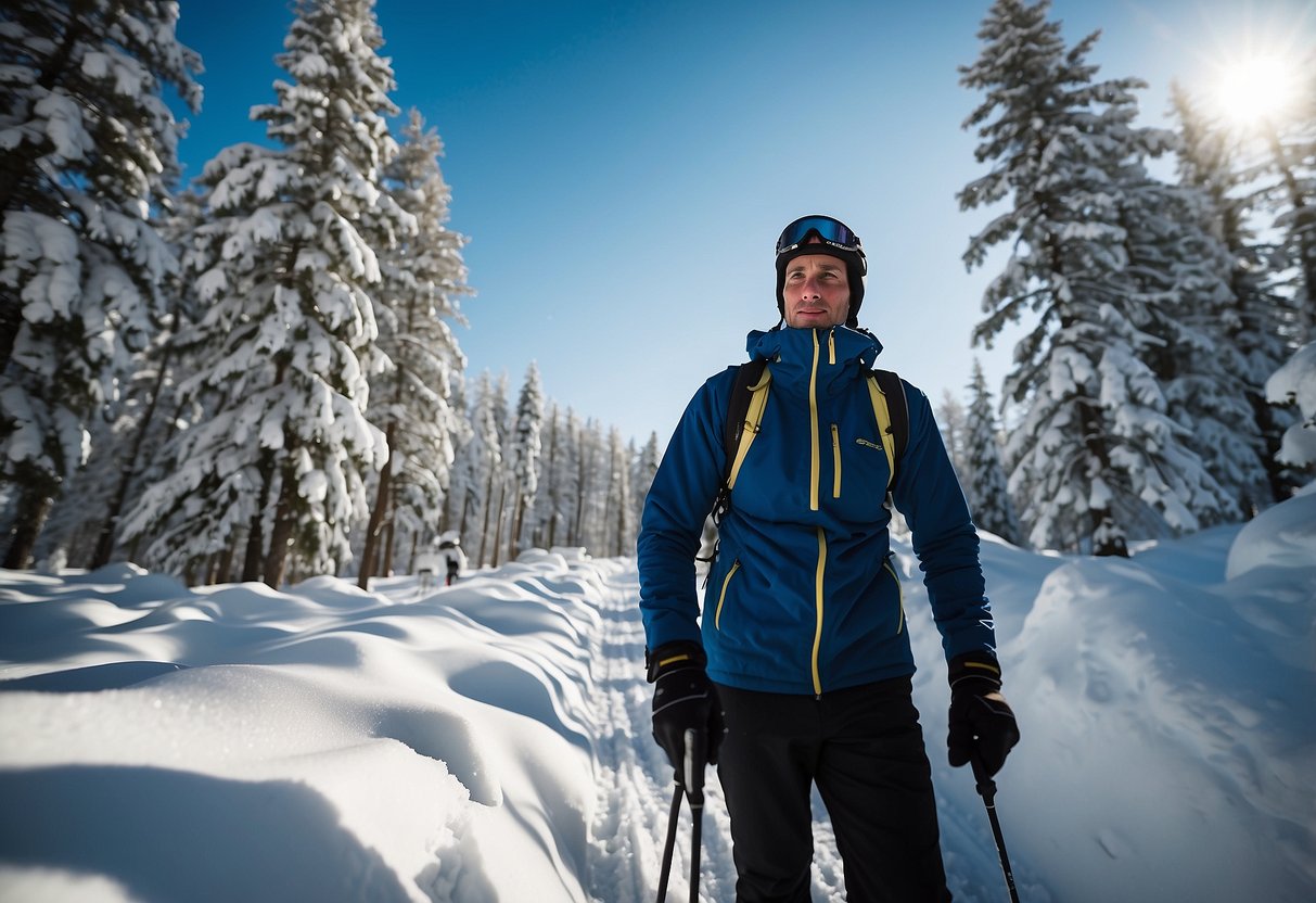 A cross country skier adjusts gear, wearing layers and insulated gloves. Snow-covered trees surround the trail, with a clear blue sky overhead