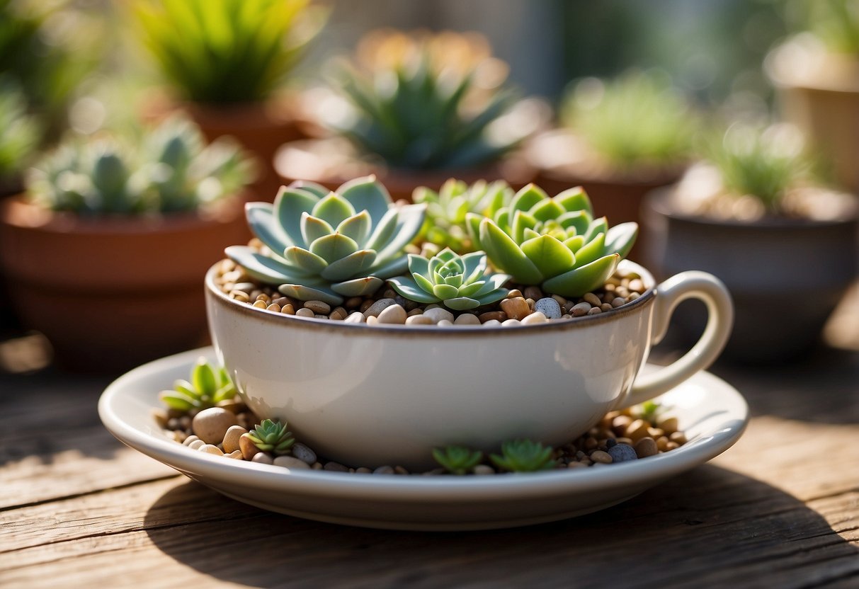 A variety of succulents arranged in teacup planters, set on a rustic wooden table in a sunlit garden