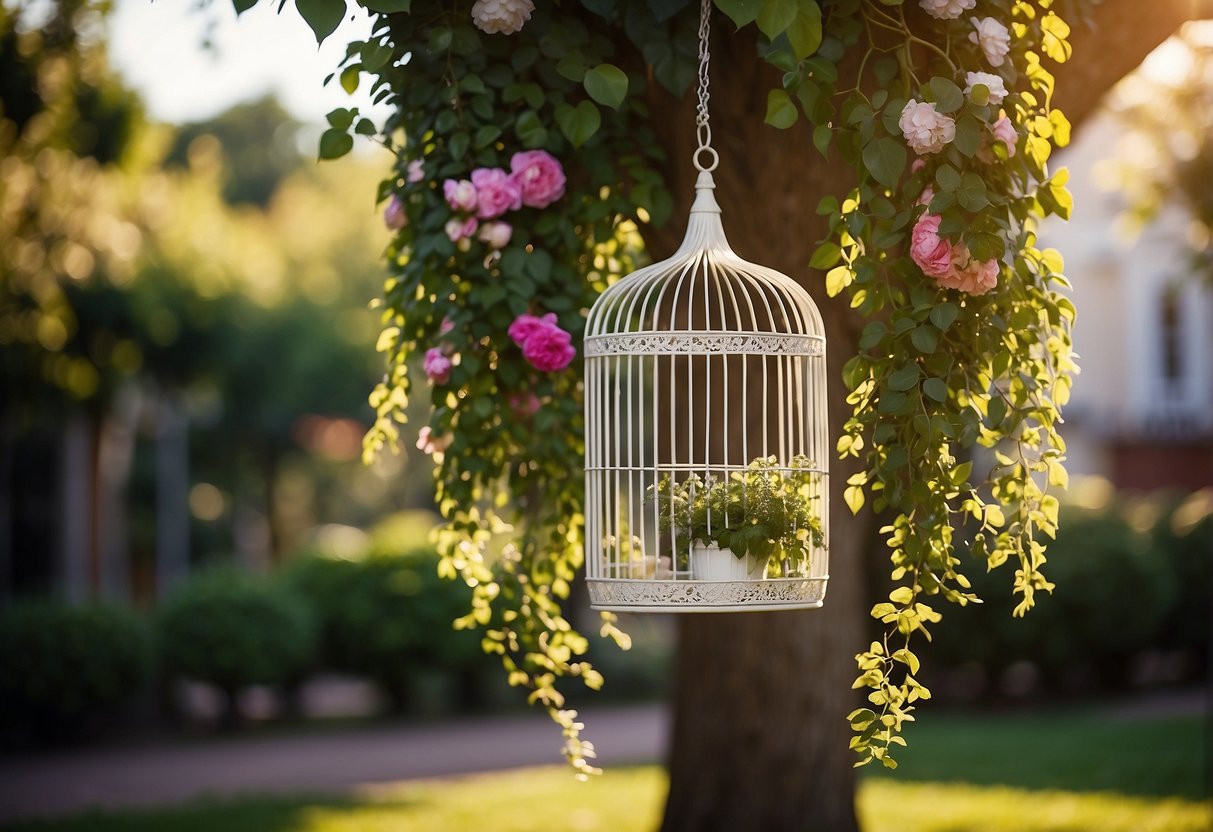 A birdcage planter hangs from a tree, filled with vibrant flowers and trailing vines. The sun casts dappled shadows on the ground below