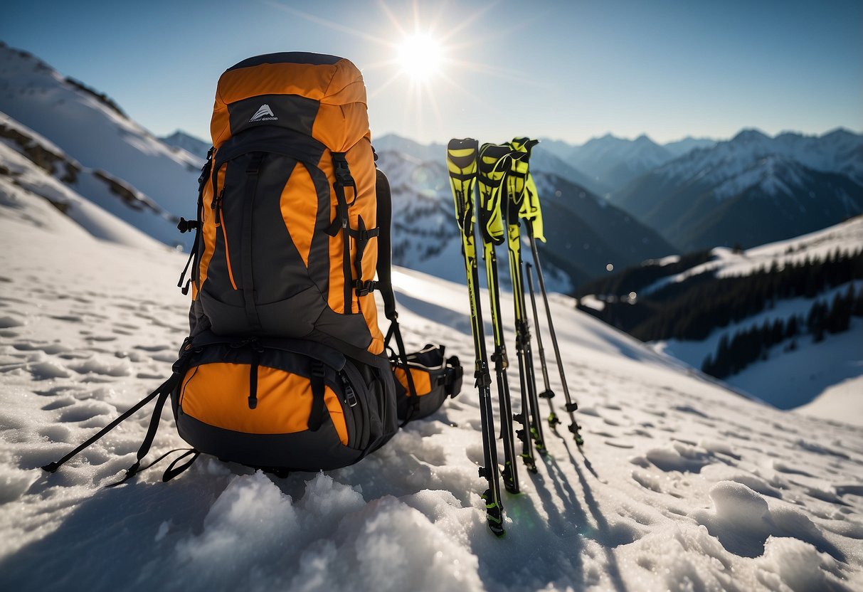 A snowy mountain landscape with skis propped against a backpack, while a solar charger is attached to the backpack, capturing the sun's rays