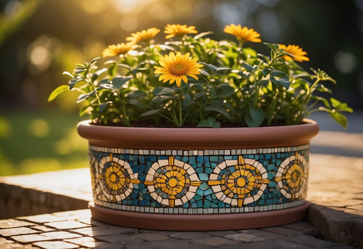 A mosaic tile planter sits in a lush garden, filled with vibrant flowers and greenery. The sun shines down, casting a warm glow on the intricate patterns of the tiles