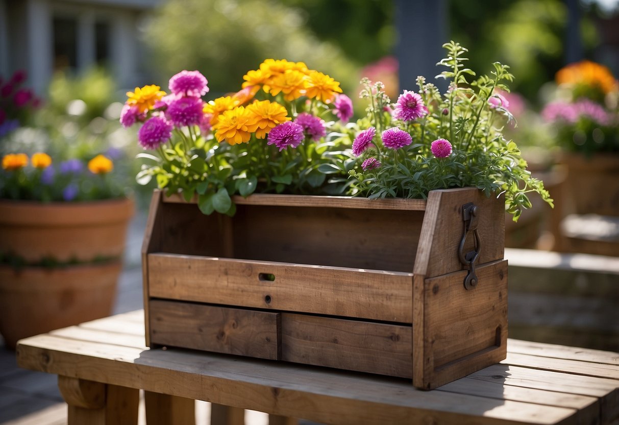 A wooden toolbox planter sits on a patio, filled with vibrant flowers and greenery. Surrounding it are various other creative garden planter ideas, adding color and life to the outdoor space