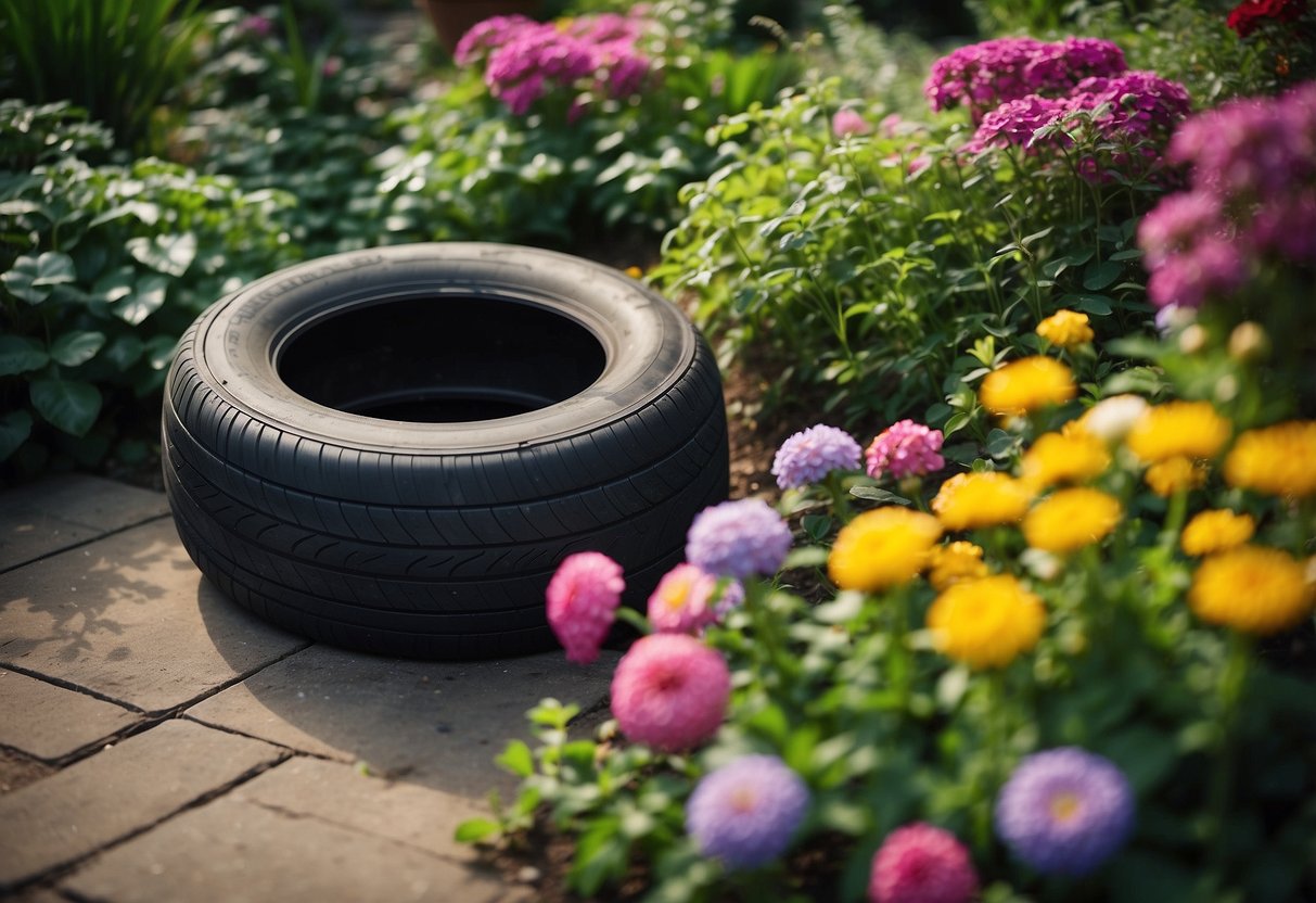 A tire planter sits in a lush garden, filled with vibrant flowers and greenery. The tire is painted in bright colors, adding a pop of visual interest to the scene