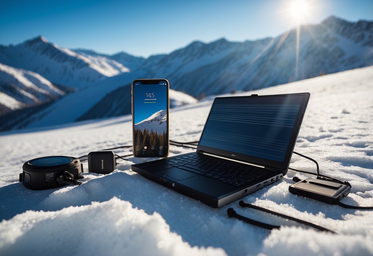 A snowy mountain landscape with a clear blue sky, featuring a BigBlue 28W Solar Charger set up on a flat surface, with cross country skiing equipment nearby