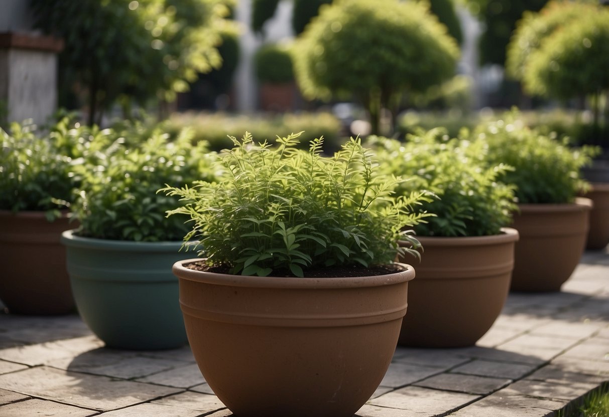 Lush green plants thriving in various garden planters, adding beauty and charm to outdoor spaces