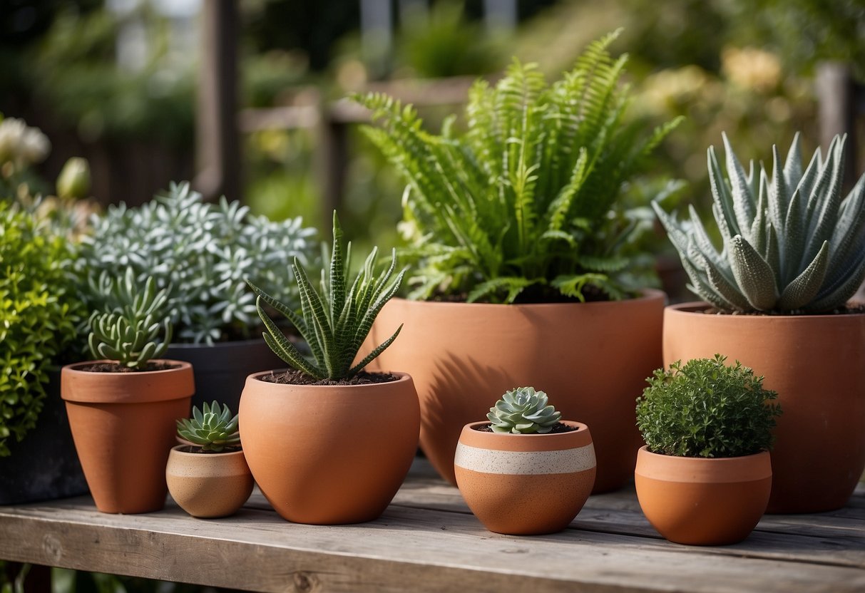 A variety of planter materials displayed in a garden setting, including terracotta, metal, wood, and ceramic. Different shapes and sizes are arranged with various plants inside, showcasing a range of options for gardeners