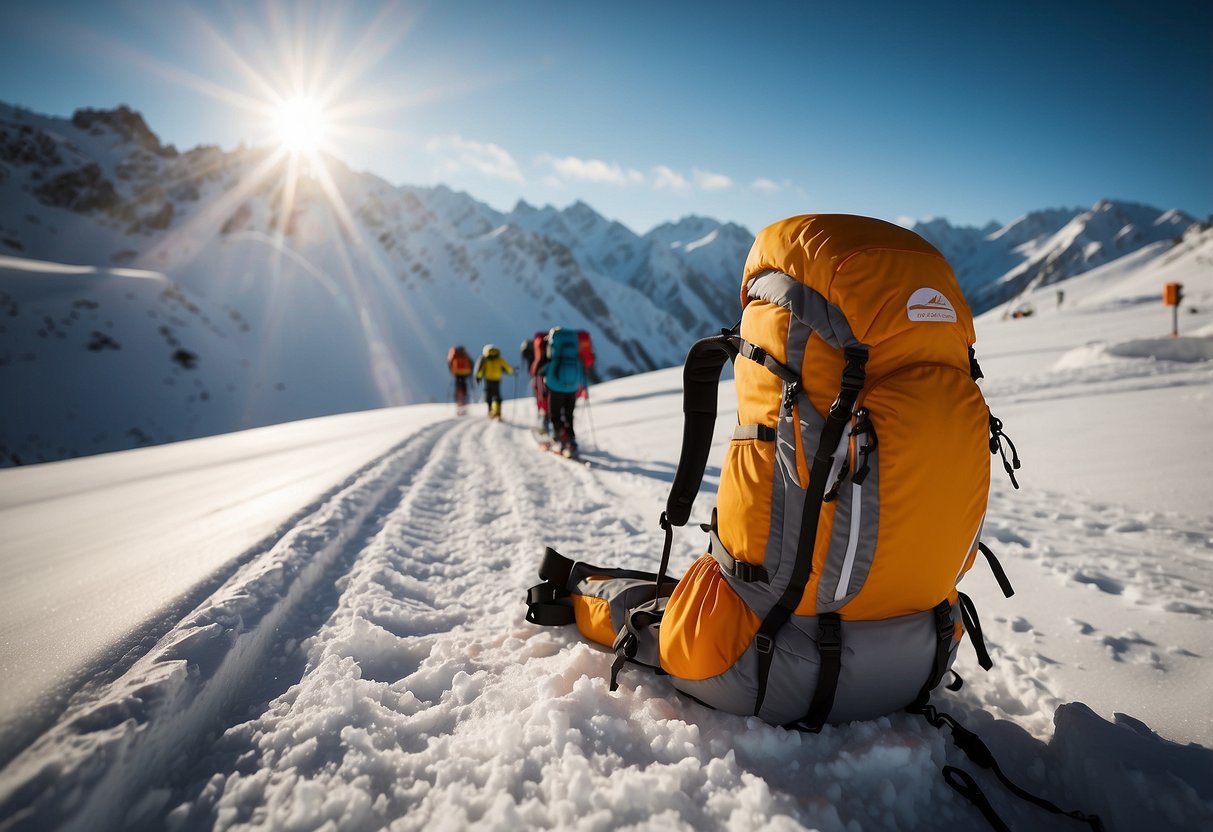 Bright sun shining on snowy mountains, with solar chargers attached to backpacks. Skiers gliding through the pristine landscape, powered by renewable energy