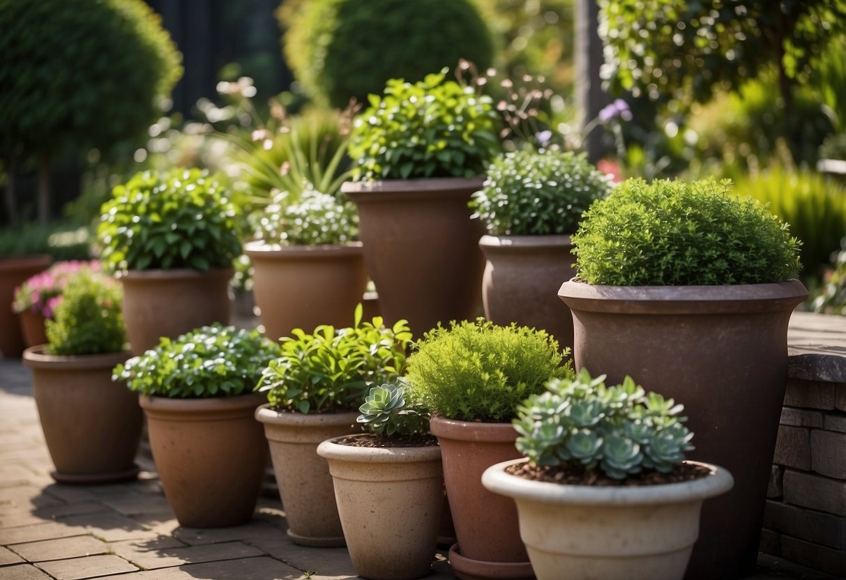 A variety of garden planters arranged in a lush outdoor setting, showcasing different shapes, sizes, and materials. Some are filled with vibrant flowers, while others hold green foliage, creating a visually appealing display