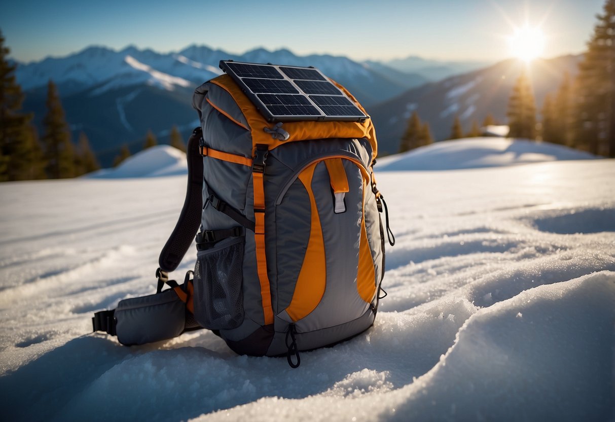 Solar panels absorb sunlight, converting it into electricity. A backpack with a solar charger is placed on a snowy mountain, powering electronic devices