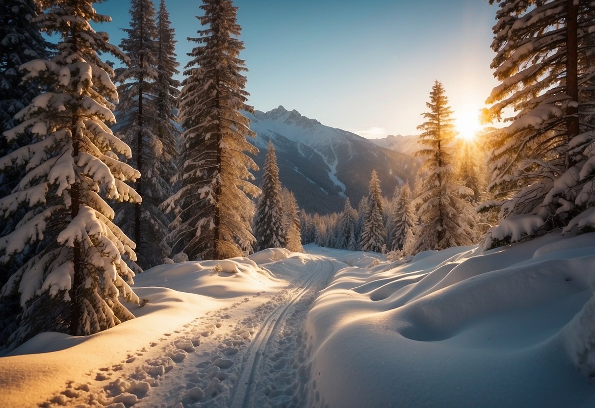 A snowy forest path winds through the mountains, with tracks from skiers leading into the distance. The sun casts a warm glow over the serene landscape