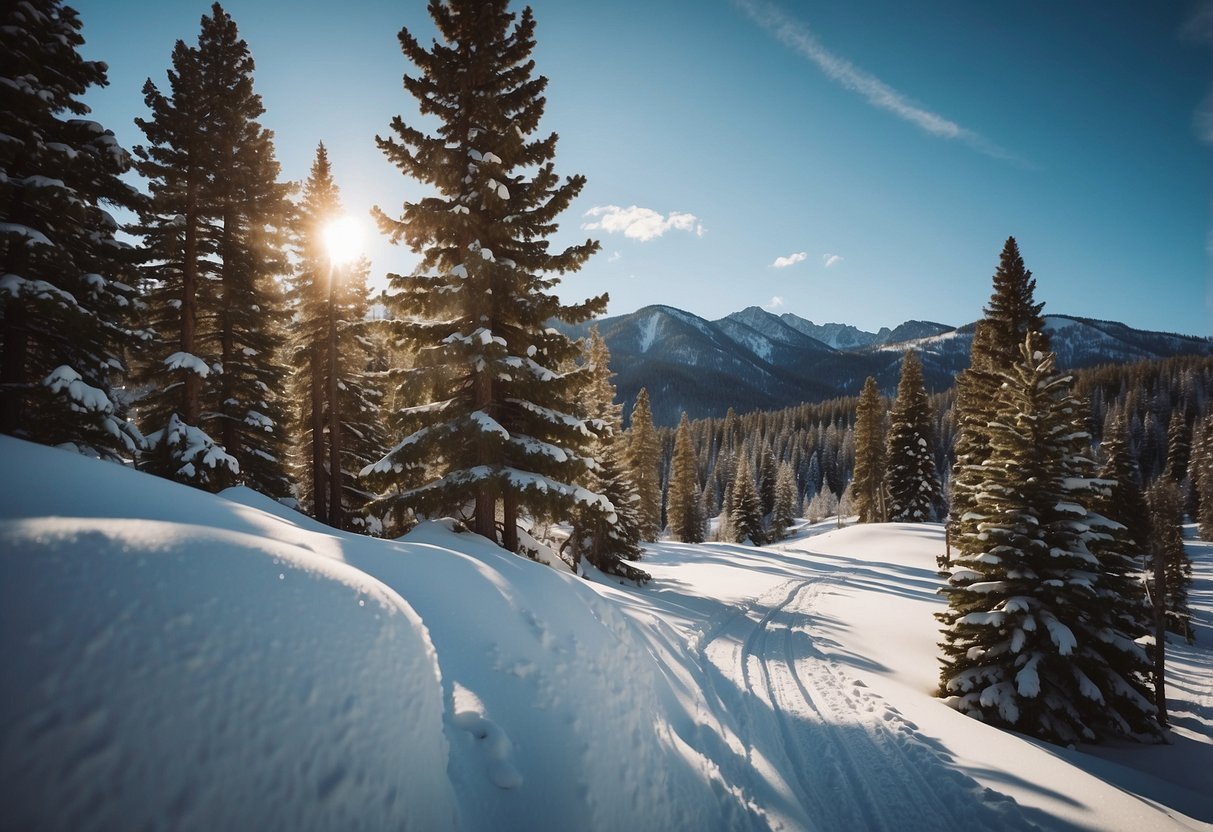 A snowy landscape with winding cross country ski trails, surrounded by majestic mountains and evergreen trees at Devil's Thumb Ranch, Colorado