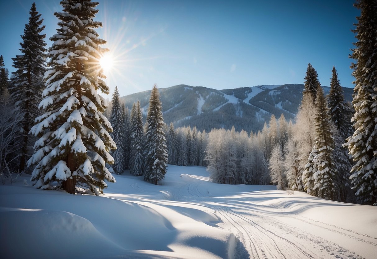 A serene winter landscape with snow-covered trees, winding cross-country ski trails, and a cozy Nordic center nestled in the Sun Valley, Idaho mountains