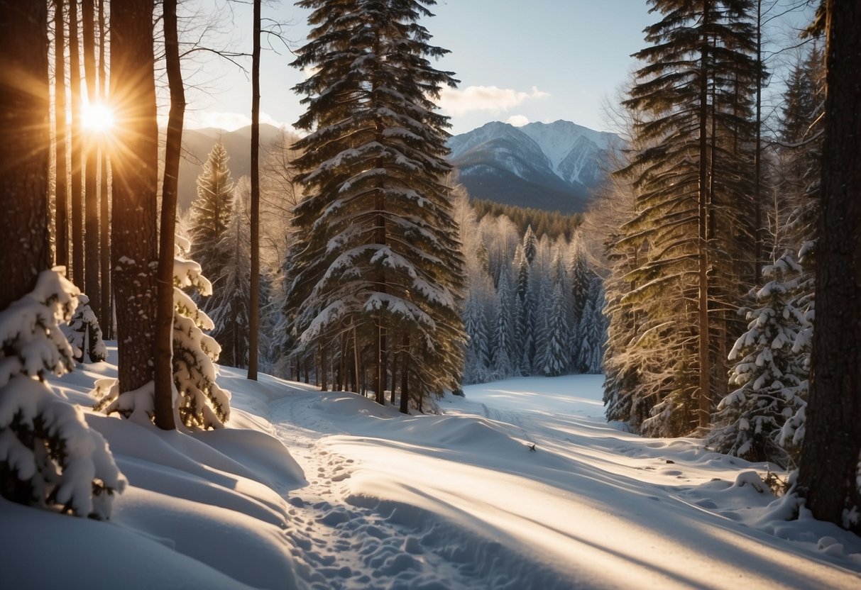 Snow-covered trails wind through a peaceful forest, with the sun casting a warm glow on the trees. The Craftsbury Outdoor Center sits nestled in the picturesque Vermont landscape