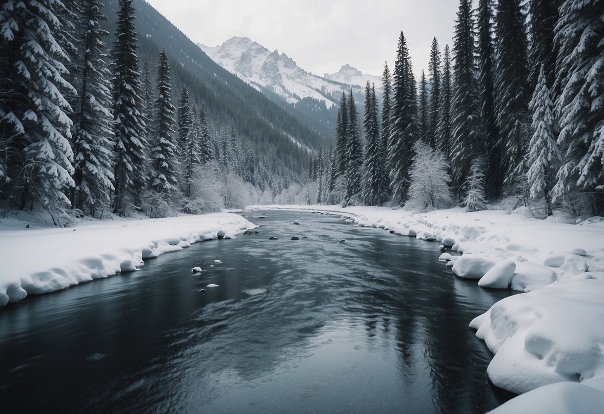 A serene snow-covered forest with winding trails, flanked by majestic mountains and sparkling rivers, showcasing the beauty and tranquility of cross country skiing