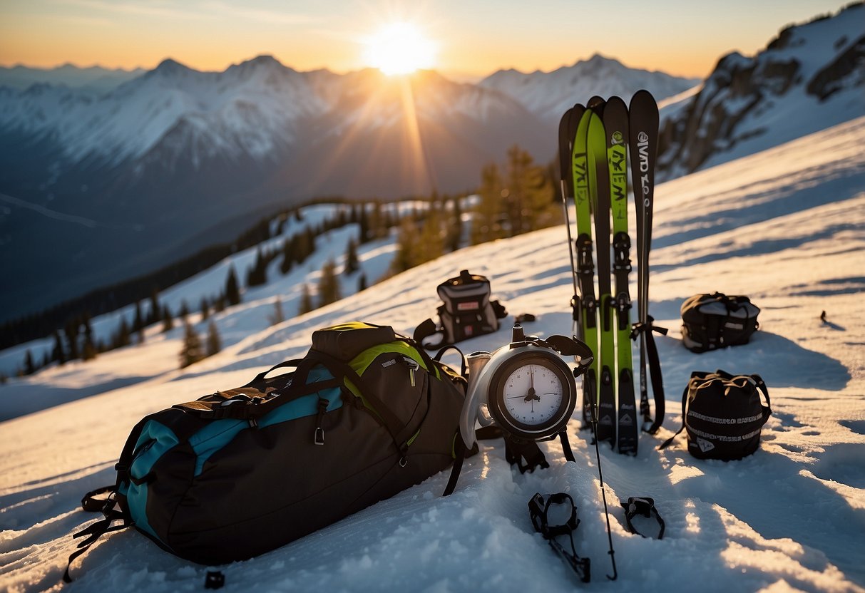 Skis, poles, and backpack laid out on snowy trail. Map and compass on top. Sun setting over distant mountains