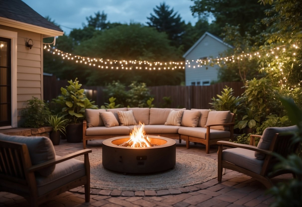 A cozy backyard with a circular fire pit surrounded by comfortable seating, twinkling string lights overhead, and a backdrop of lush greenery