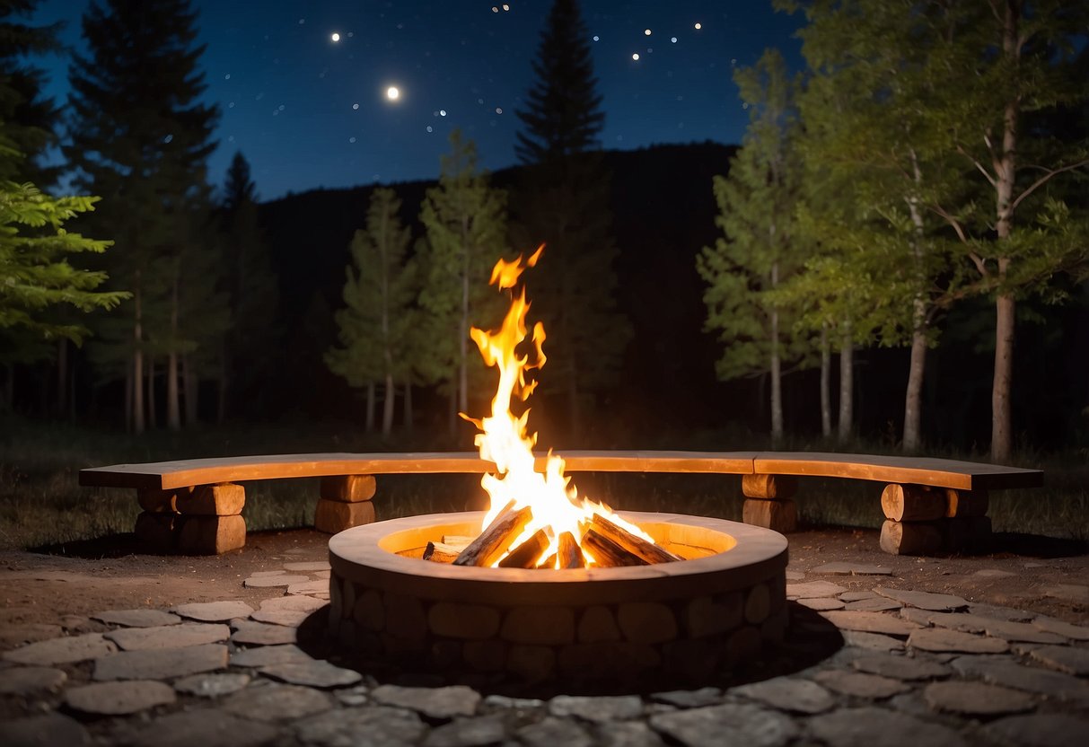 A rustic stone fire pit surrounded by wooden benches and flickering flames, set against a backdrop of tall trees and a starry night sky