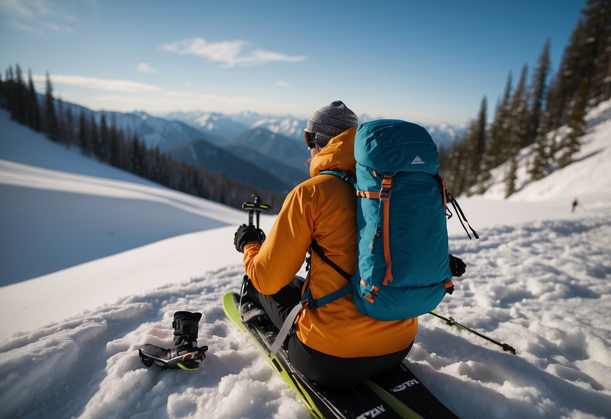 A skier packs gear, maps route, checks weather, fuels body, and tunes skis before hitting snowy trails