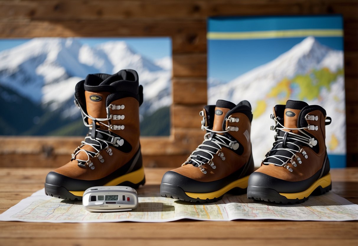 A pair of high-quality ski boots sits next to a map, compass, and energy bars on a wooden table, ready for a long-distance cross country skiing trip