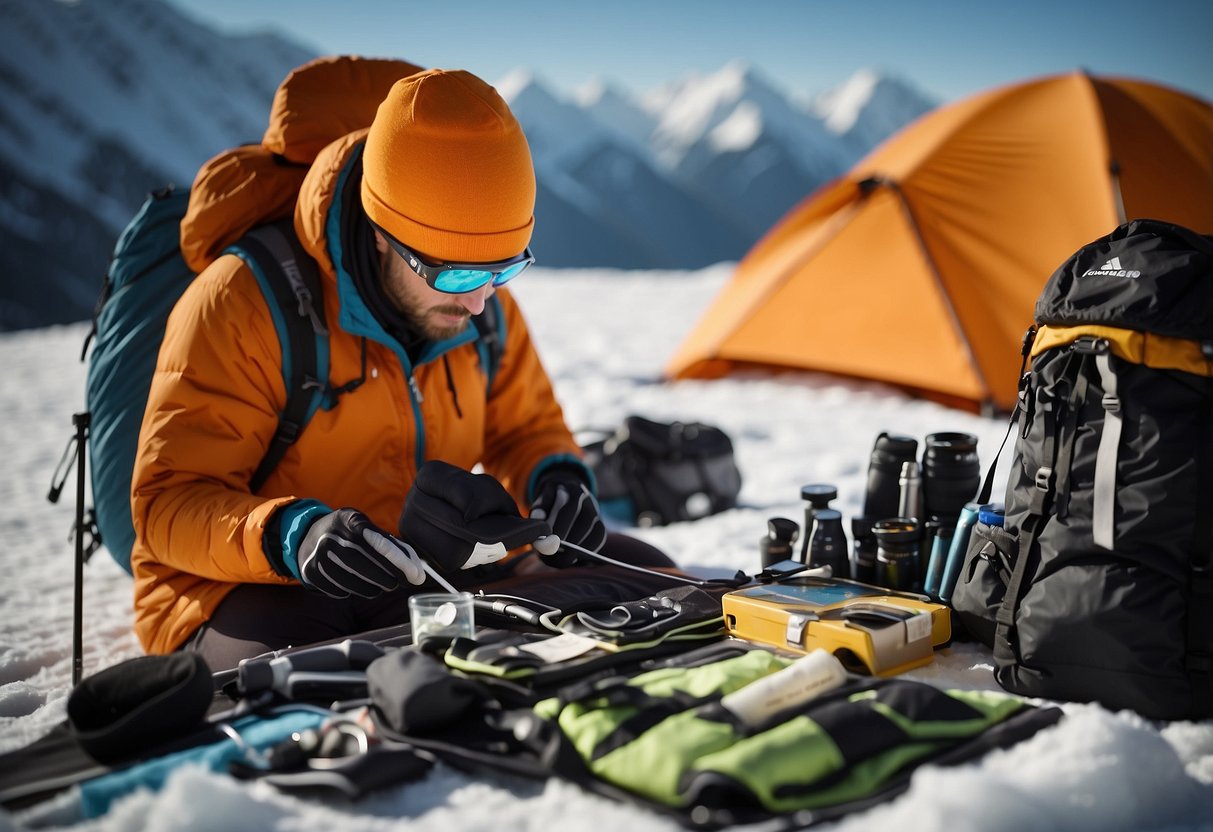 A skier carefully packs thin, insulating layers into a backpack, alongside other lightweight gear. Ski poles and a map lay nearby