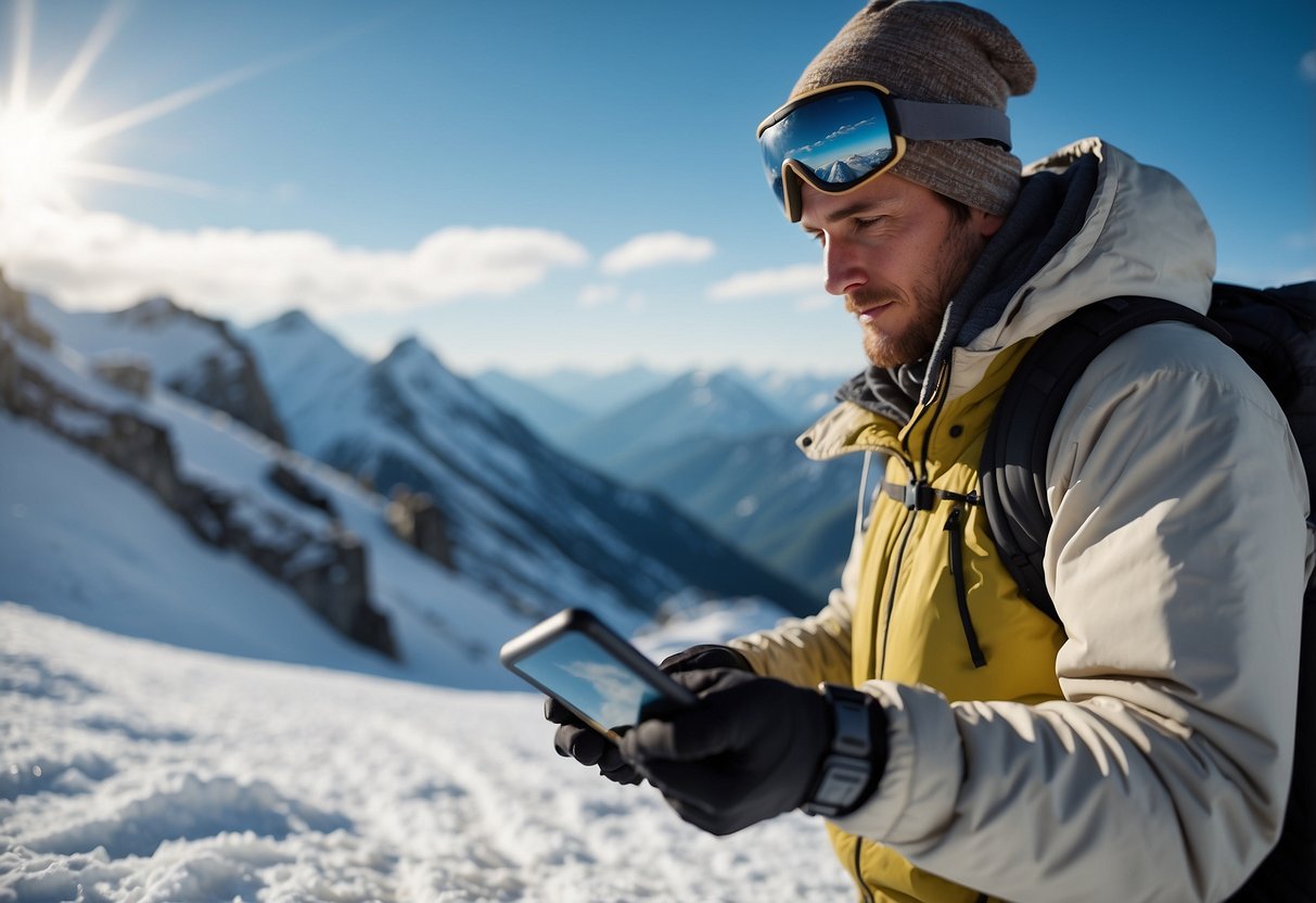 A skier follows a GPS map through snowy mountains, packing supplies and checking weather