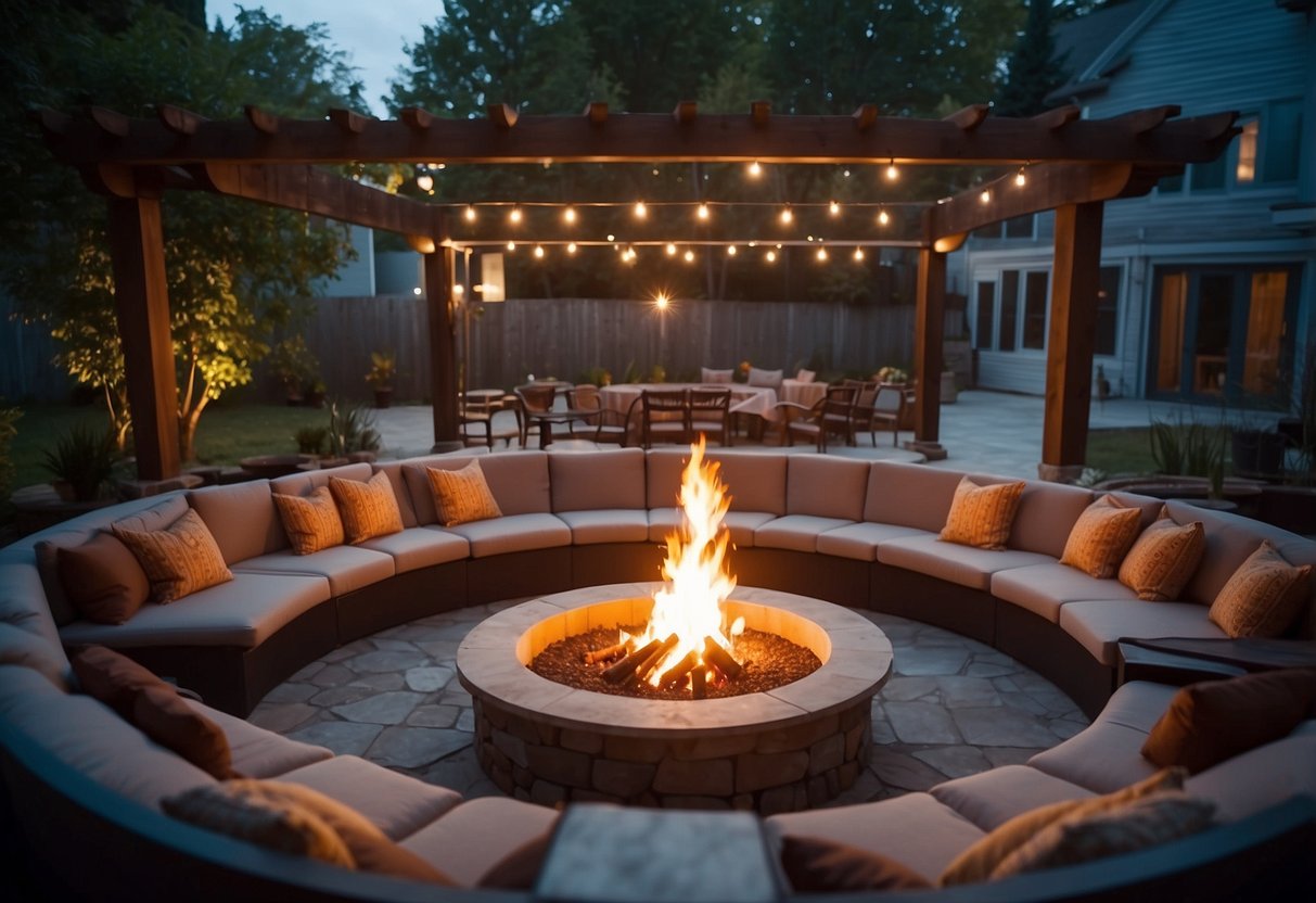 A sunken patio with a fire pit in the center, surrounded by comfortable seating and soft ambient lighting