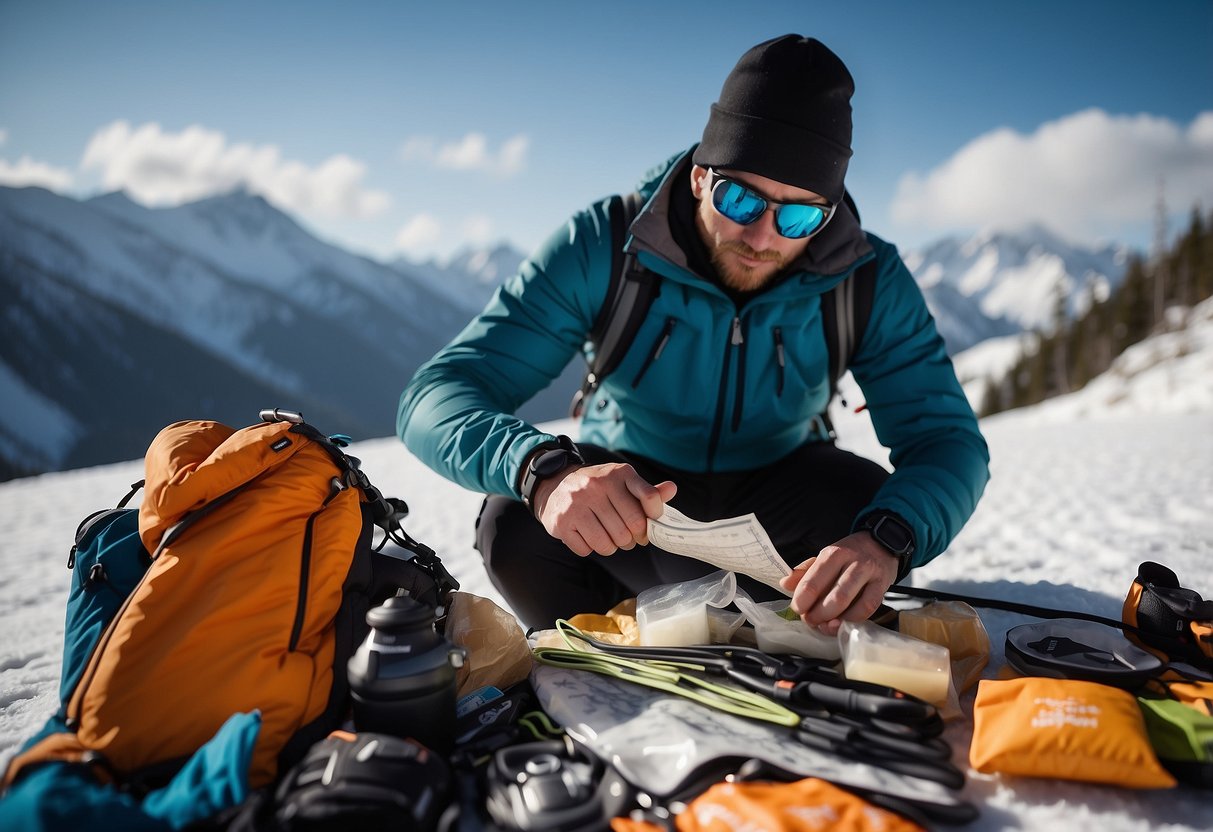 A skier packs extra ski poles, maps, and snacks into a backpack, preparing for a long-distance cross-country skiing trip